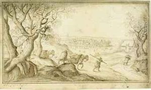 Travellers With Their Horses In A Winter Landscape, Skaters On Afrozen Pond Beyond Travellers With Their Horses In A Winter Landscape, Skaters On Afrozen Pond Beyond