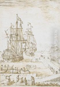 A Harbour View With Figures On The Quay And Two Ships At Anchor Beyond
