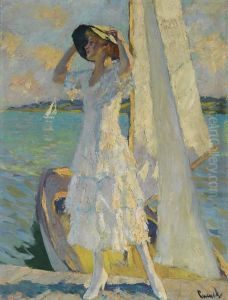 Frau Auf Dem Steg Mit Einem Kahn Am Ufer Des Starnberger See. by Edward Alfred Cucuel