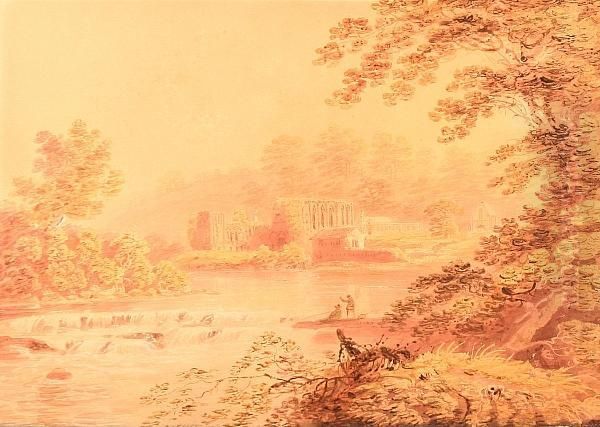 "ruins Of Easby Abbey Near Richmond", Together With Another Of Cattle Watering By A Riverside, A Pair - view 1