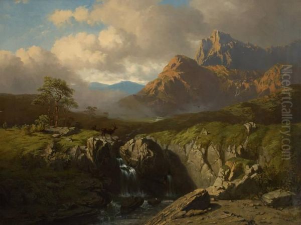 Cerf Franchissant Une Cascade - view 1