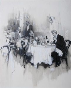Restaurant Interior With Two Men Dining by Cyrus Cuneo