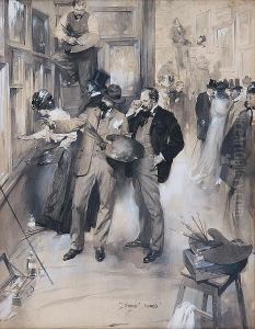 Varnishing Day At The Academy, Signed,monochrome Watercolour Heightened With White by Cyrus Cuneo