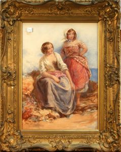 Portrait Of Two Young Femalefisherfolk In A Coastal Landscape by James Curnock