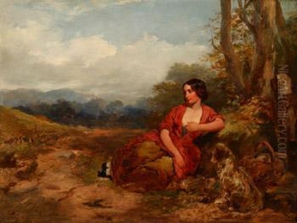 Young Girl Resting With Her Dog Beside A Tree - view 1