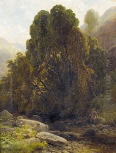 Sonnige Landschaftspartie Mit Angler An Einem Bach by James Jackson Curnock