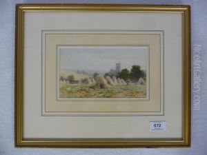 Summer Landscape With Figures Harvesting Amongst Corn Stooks by James Jackson Curnock