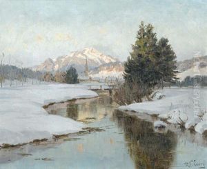 Verschneite Bachpartie Mit Dorf Und Bergmassiv. by Robert Franz Curry