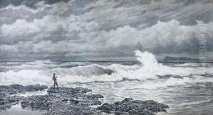 A Rocky Coastal Scene; Also A Fisherman On The Coast by James Waltham Curtis