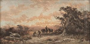Rural Scene, Men And Horses by James Waltham Curtis