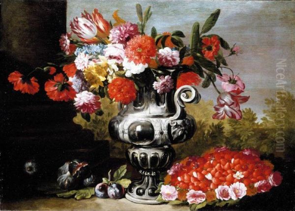 A Still Life, With Tulips, Carnations, Daffodils And Other Flowers In A Metallic Urn On A Stone Ledge, With Figs, Plums And A Bowl Of Strawberries Below - view 1