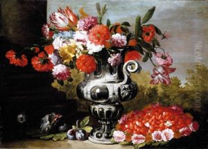A Still Life, With Tulips, Carnations, Daffodils And Other Flowers In A Metallic Urn On A Stone Ledge, With Figs, Plums And A Bowl Of Strawberries Below by Gaetano Cusati