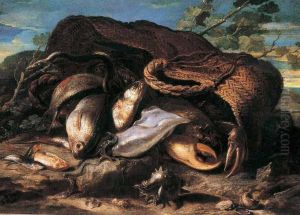 Paniera Con Pesci In Un Paesaggio by Gaetano Cusati