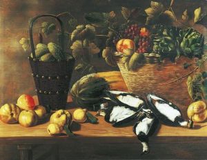 Still Life With Fruits, Vegetables And Birds On A Woodentable by Johannes Kuveenis I