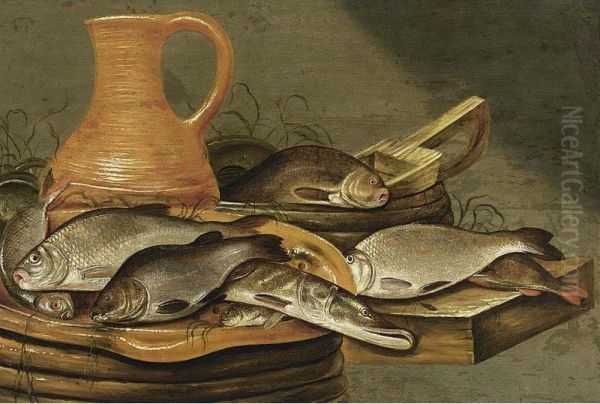 A Still Life With A Pike And Other Fish On A Strainer, With An Earthenware Jug, Fish And Other Kitchen Utensils, All On A Wooden Ledge - view 1
