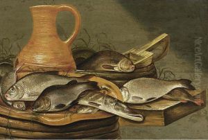 A Still Life With A Pike And Other Fish On A Strainer, With An Earthenware Jug, Fish And Other Kitchen Utensils, All On A Wooden Ledge by Johannes Kuveenis I