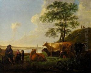 A Herdsman With Cattle In A Wooded River Landscape by Aelbert Cuyp