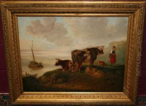 Flemish River Scene With Figure And Cattle And A Sailing Boat Beyond by Aelbert Cuyp