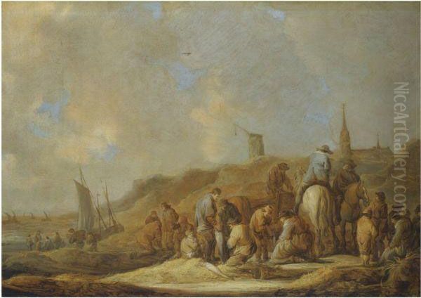 A Coastal Scene With Fishermen And Their Catch In The Sanddunes - view 1