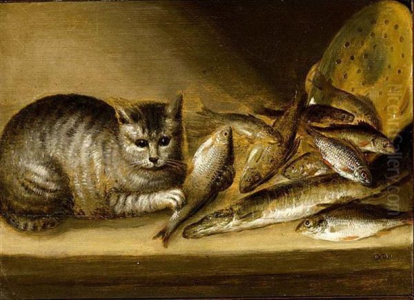 A Still Life With Fish, A Stone Ware 'zeef' And A Cat All On A Table - view 1