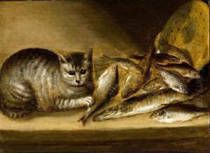 A Still Life With Fish, A Stone Ware 'zeef' And A Cat All On A Table by Cvq Monogrammist