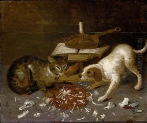 A Cat And A Dog Eating A Fishbone by Cvq Monogrammist