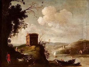 Paysage De Riviere Anime D'un Troupeau De Chevres Devant Untemple by Filippo D Angeli