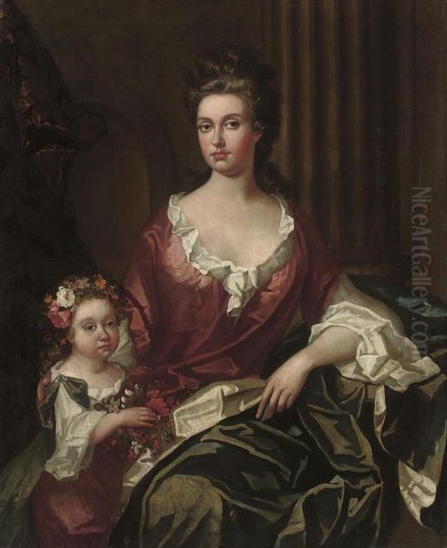 Portrait Of A Lady, Three-quarter-length, Seated, In A Rust Dress And Blue Wrap, With Her Daughter, In A Rust Dress And Green Wrap With Garlands Of Flowers In Her Hair And Right Hand by Charles d' Agar