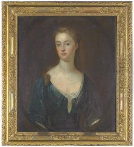 Portrait Of A Lady Identified As Mary Magdalen Myre, Half-length, In A Blue Dress, In A Painted Oval
