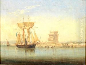 Marinha Com Barco A Vapor Com Vela E Torre De Belem by Alfredo D' Andrade