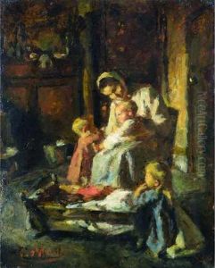 Scene Maternelle Autour Du Berceau.