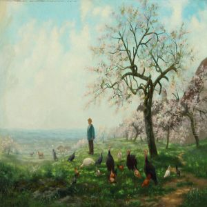 Spring Landscape With Orchard In Blossom And Grazing Turkeysand Hens