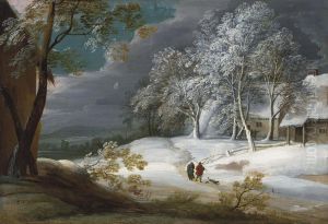 A Winter Landscape With Figures And A Dog On A Track, Cottages Beyond A Winter Landscape With Figures And A Dog On A Track, Cottages Beyond