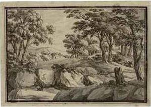 A Rocky Wooded Landscape, A Building Beyond by Crescenzio Onofri
