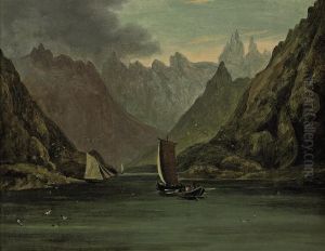 Sailing Vessels In Fjords With The Wind Tunnelling Through Themountains by Charles Walters D' Oyly