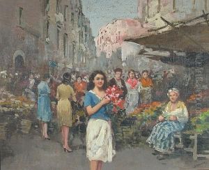An Italian Market Scene With A Lady Holding Flowers In The Foreground by Vincenzo D'Auria