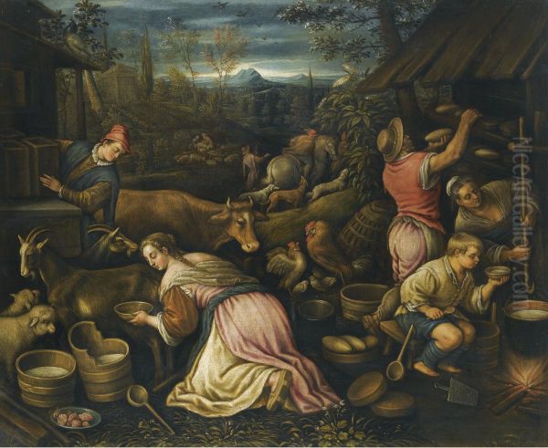 Spring - A Village Scene With Peasants Milking Goats And Baking Bread - view 1
