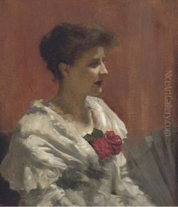 Portrait Of A Lady, Bust-length, In A White Dress, Holding Afan by John da Costa