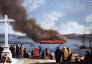 The Burning Of A Ship On The River Tagus, Lisbon, With Onlookers In The Foreground, The Castle Of Sao Jorge Beyond The Burning Of A Ship On The River Tagus, Lisbon, With Onlookers In The Foreground, The Castle Of Sao Jorge Beyond