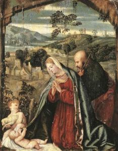 The Holy Family In A Landscape by Francesco Prata Da Caravaggio