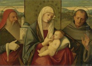 Madonna And Child With St. Jerome And St. Francis by Girolamo da Santacroce
