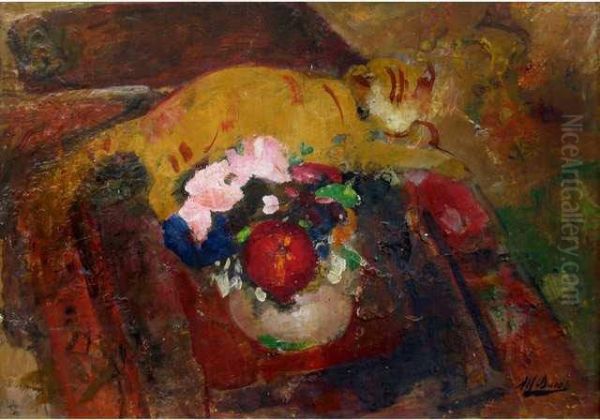 :nature Morte Au Chat Et Aux Fruits Et Nature Morteaux Bouquets De Fleurs - view 1