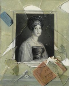 A Lithograph Portrait Of A Woman With A Playbill Behind Broken Glass