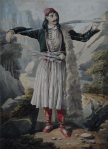 Study Of A Greek Soldier Standing With A Rifleacross His Shoulders, In A Mountain Landscape by Richard Dadd