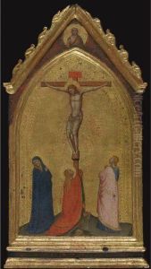 The Crucifixion With The Madonna And Saints Mary Magdalene And Johnthe Evangelist, Christ The Redeemer Above by Bernardo Daddi