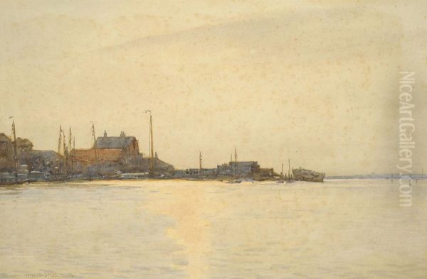 Fishing Boats Anchored Beside Buildings In An Estuary - view 1