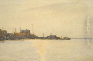 Fishing Boats Anchored Beside Buildings In An Estuary by Ernst Dade