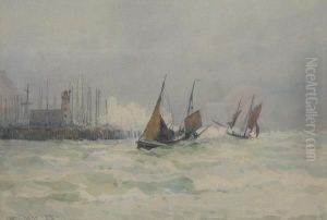 Fishing Boats Returning To Scarborough Harbour In Stormy Seas by Ernst Dade