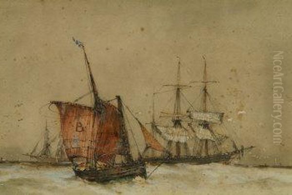 Schooners And Fishing Boat In A Choppy Sea, Signed Lower Left - view 1