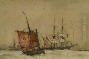 Schooners And Fishing Boat In A Choppy Sea, Signed Lower Left by Frederick Dade